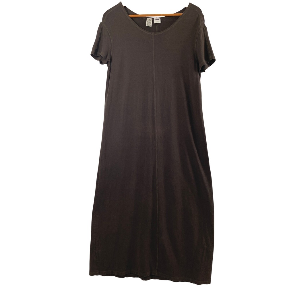 DKNY Maxi Dress Womens M Chocolate Brown Classic Short Sleeve Jersey Minimalist